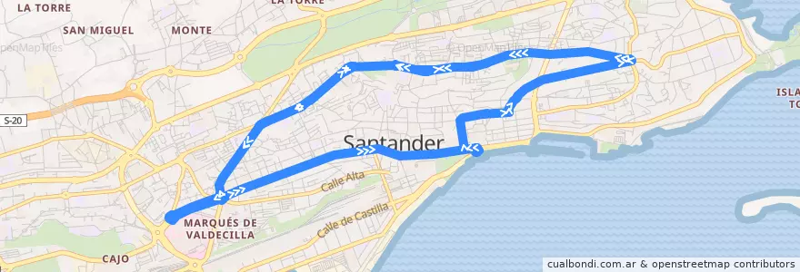 Mapa del recorrido 5C2: Miranda - Valdecilla de la línea  en Santander.