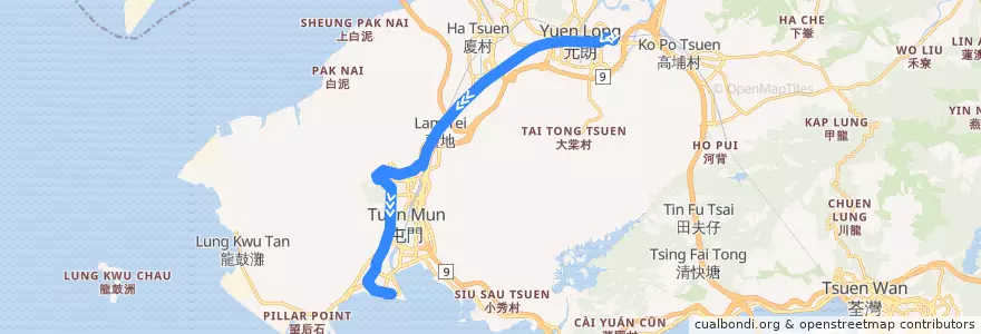 Mapa del recorrido Light Rail 615 (元朗 Yuen Long → 屯門碼頭 Tuen Mun Ferry Pier) de la línea  en 新界 New Territories.