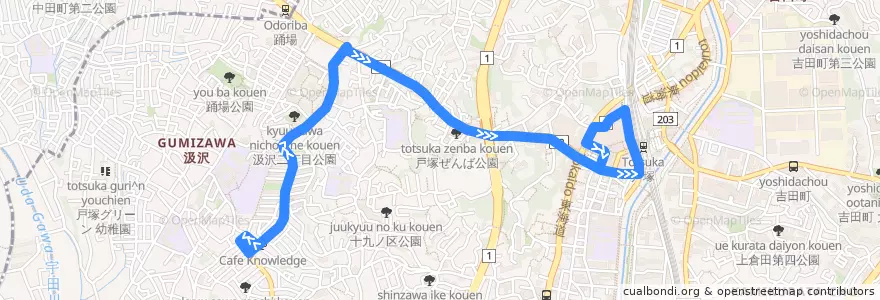 Mapa del recorrido 戸塚53系統 de la línea  en 戸塚区.