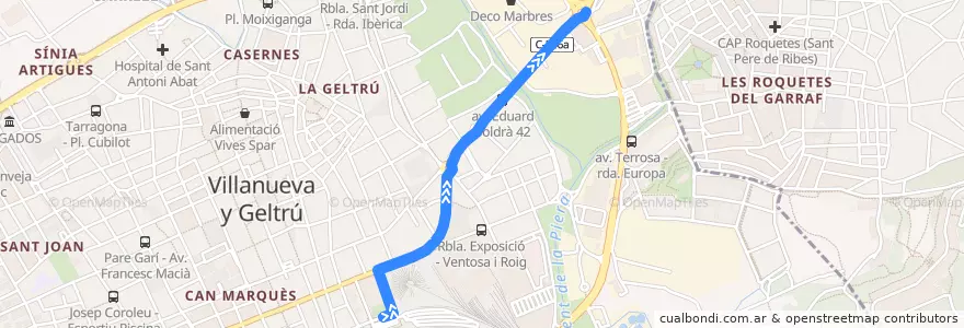 Mapa del recorrido Barcelona - Vilanova i la Geltrú (directe) de la línea  en Vilanova i la Geltrú.
