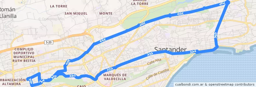 Mapa del recorrido 7C2: Luis Quintanilla Isasi - Avenida Los Castros (por túnel) de la línea  en Santander.