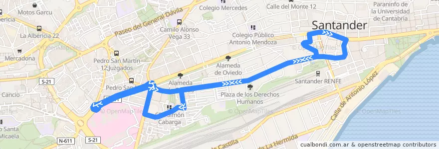 Mapa del recorrido 11: Valdecilla - Calle Alta de la línea  en Santander.