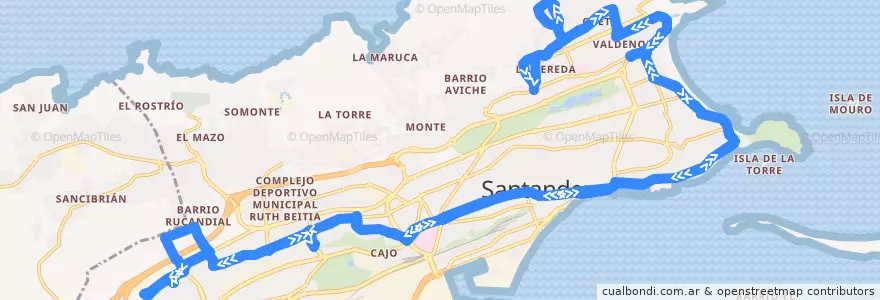 Mapa del recorrido 13: Lluja - Cueto de la línea  en Santander.