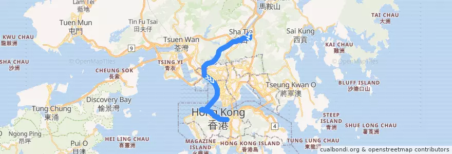 Mapa del recorrido Bus 982X (Yu Chui Court - Wan Chai) de la línea  en New Territories.