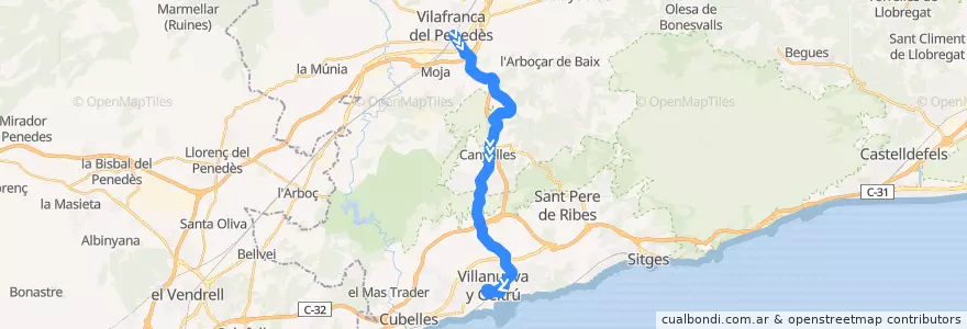 Mapa del recorrido Vilanova i la Geltrú - Vilafranca del Penedès (per C-15z - Canyelles) de la línea  en Barcelona.
