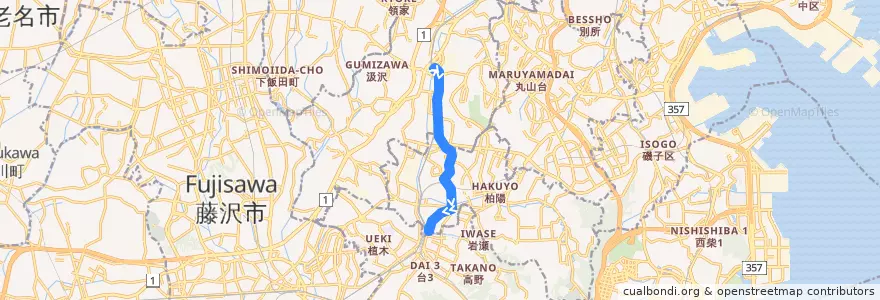 Mapa del recorrido 江ノ電 戸塚～大船 de la línea  en 가나가와현.