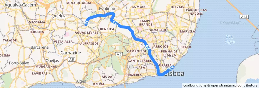 Mapa del recorrido Linha Azul: Santa Apolónia → Reboleira de la línea  en Grande Lisboa.