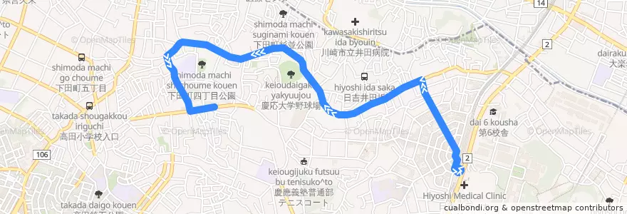Mapa del recorrido 日吉線 de la línea  en 横浜市.