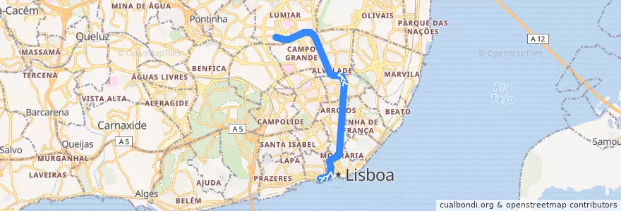 Mapa del recorrido Linha Verde: Cais do Sodré → Telheiras de la línea  en Lisboa.