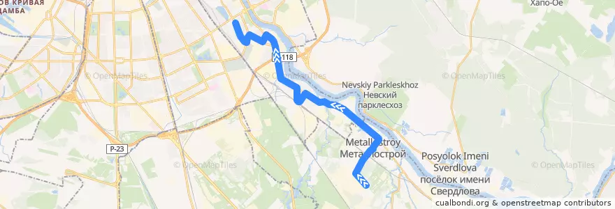 Mapa del recorrido Автобус № 115: Металлострой, НИИЭФА => проспект Александровской Фермы de la línea  en Санкт-Петербург.
