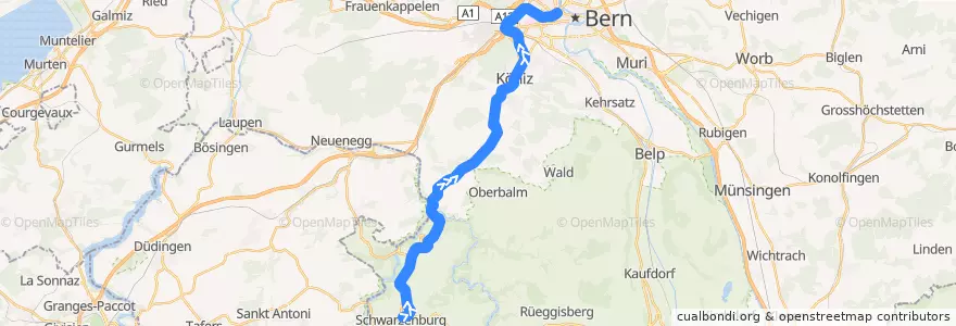 Mapa del recorrido S6: Schwarzenburg => Bern de la línea  en Verwaltungsregion Bern-Mittelland.