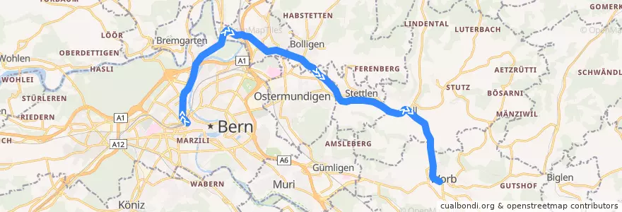 Mapa del recorrido S7: Bern RBS => Worb Dorf de la línea  en Verwaltungsregion Bern-Mittelland.
