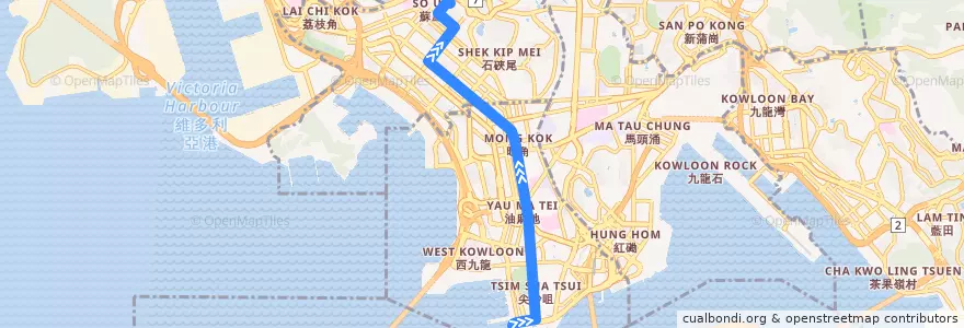 Mapa del recorrido Bus 2 (Tsim Sha Tsui Ferry Pier - So Uk) de la línea  en Kowloon.