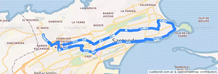 Mapa del recorrido N2: Corbán - Complejo deportivo de la línea  en Santander.