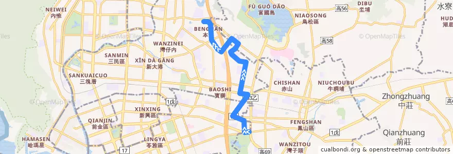 Mapa del recorrido 53A(往程) de la línea  en کائوهسیونگ.