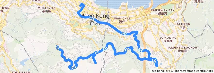 Mapa del recorrido Bus 15 (The Peak - Central (Exchange Square)) de la línea  en Pulau Hong Kong.
