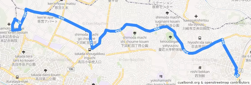 Mapa del recorrido 日吉線 de la línea  en 요코하마시.