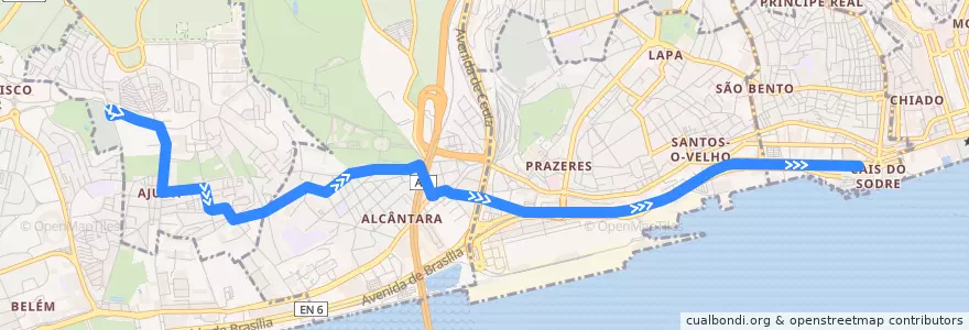 Mapa del recorrido 18E: Cemitério da Ajuda → Cais do Sodré de la línea  en Grande Lisboa.