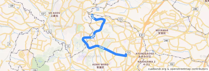 Mapa del recorrido あざみ野線 de la línea  en 青葉区.