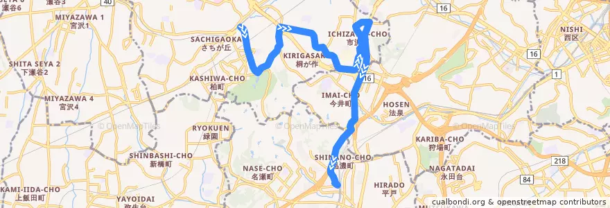Mapa del recorrido 旭6 二俣川駅南口→東戸塚駅西口 de la línea  en Yokohama.