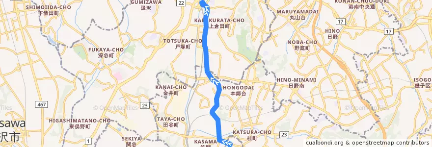 Mapa del recorrido 江ノ電 戸塚～平島(笠間十字路経由) de la línea  en Yokohama.