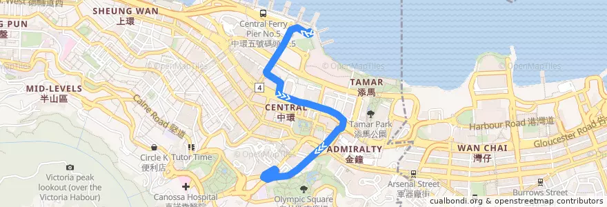 Mapa del recorrido 新巴15C線 NWFB 15C (中環（天星碼頭） Central (Start Ferry) → 花園道（山頂纜車總站） Garden Road (Lower Peak Tram Station)) de la línea  en 中西區 Central and Western District.