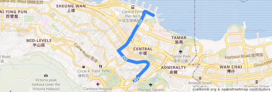 Mapa del recorrido 新巴15C線 NWFB 15C (花園道（山頂纜車總站） Garden Road (Lower Peak Tram Station) → 中環（天星碼頭） Central (Start Ferry)) de la línea  en Central and Western District.