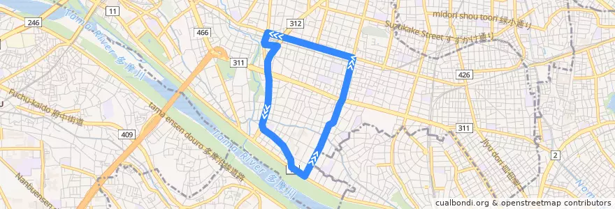 Mapa del recorrido 玉堤循環線;タマリバーバス de la línea  en 世田谷区.