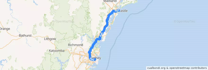 Mapa del recorrido Central Coast & Newcastle Line de la línea  en New South Wales.