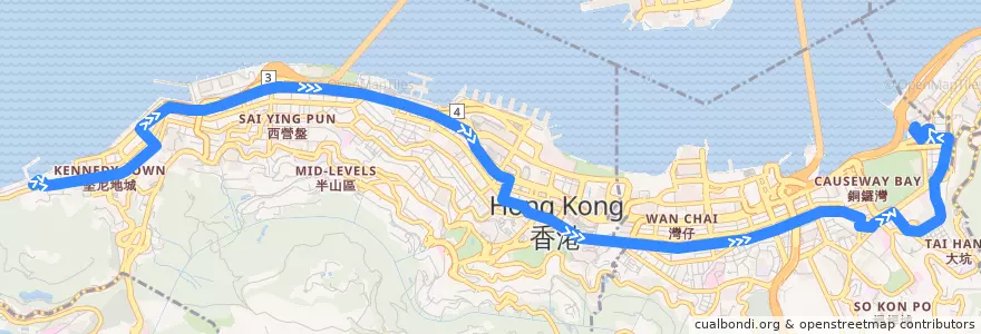 Mapa del recorrido Bus 5X (Causeway Bay (Whitfield Road) - Kennedy Town) de la línea  en 香港島.