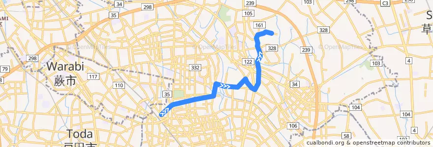 Mapa del recorrido 西川01 de la línea  en 川口市.