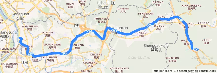 Mapa del recorrido 新北市 666石碇市區線 捷運景美站-石碇 (返程) de la línea  en Nouveau Taipei.
