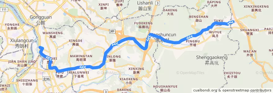 Mapa del recorrido 新北市 666區 捷運景美站-八分寮 (返程) de la línea  en Neu-Taipeh.