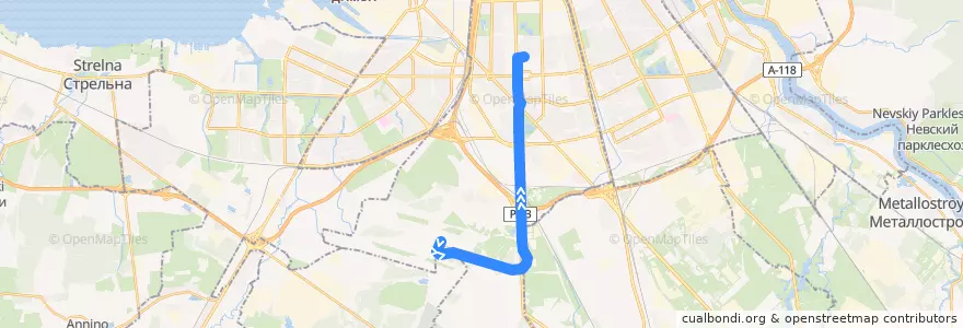Mapa del recorrido Автобус № 39Э: Аэропорт "Пулково-1" => cтанция метро «Московская» de la línea  en Московский район.