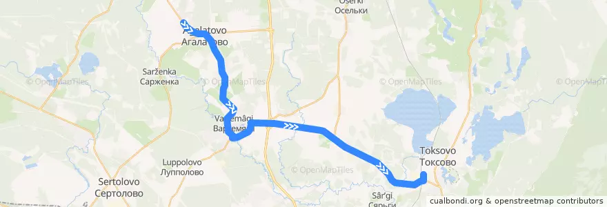 Mapa del recorrido Автобус № 491: Агалатово =>ж/д станция Токсово de la línea  en Всеволожский район.