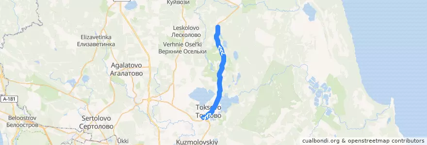 Mapa del recorrido Автобус № 448А: ж/д станция Токсово => Лехтуси de la línea  en Всеволожский район.