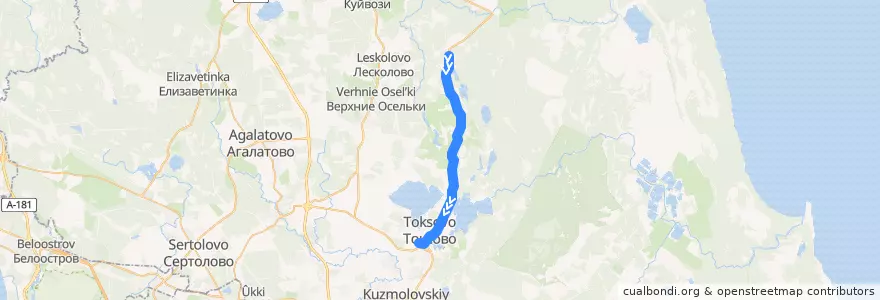 Mapa del recorrido Автобус № 448А: Лехтуси => ж/д станция Токсово de la línea  en Всеволожский район.