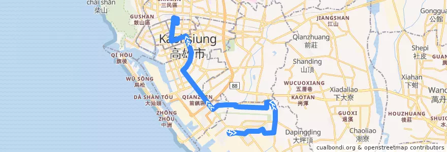 Mapa del recorrido 69A(往程) de la línea  en Гаосюн.