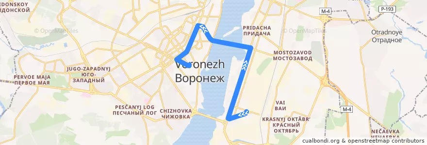 Mapa del recorrido Троллейбус №4: ВАСО - ВГУ de la línea  en городской округ Воронеж.