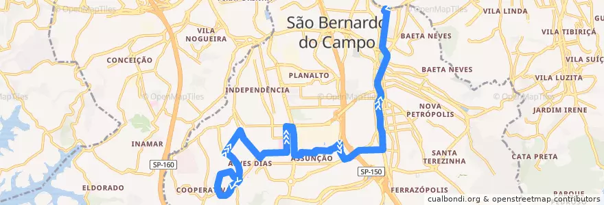 Mapa del recorrido 10: Vila Ferreira => Paço de la línea  en São Bernardo do Campo.