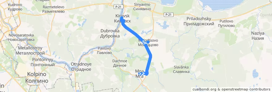 Mapa del recorrido Автобус № 572: Мга => Кировск de la línea  en Кировский район.