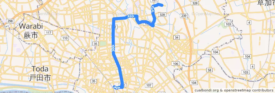 Mapa del recorrido 川18 de la línea  en 川口市.