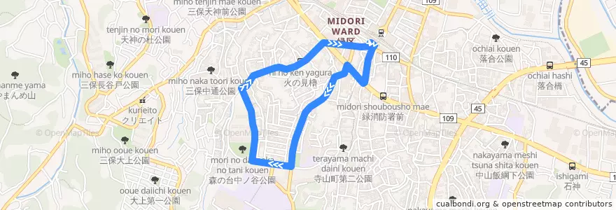 Mapa del recorrido 240: 中山駅 → 森の台中央 → 中山駅 de la línea  en 緑区.