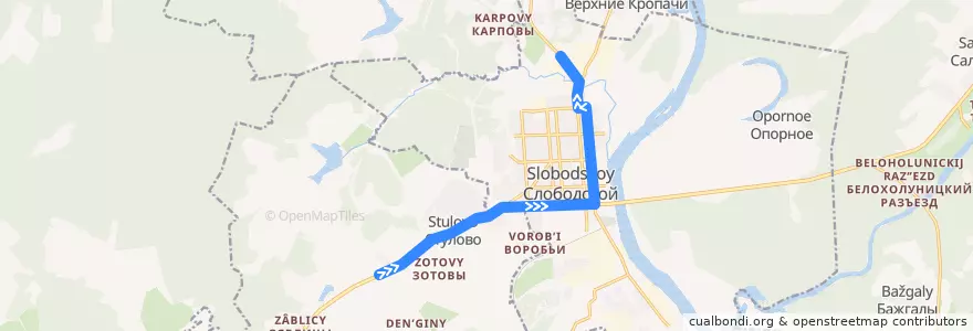 Mapa del recorrido Автобус № 7: ПМК 14 - Пестовы de la línea  en Слободской район.