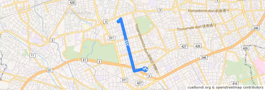Mapa del recorrido 美術館線 de la línea  en 世田谷区.