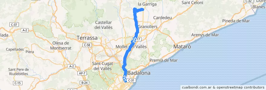 Mapa del recorrido 303 Barcelona - Riells de la línea  en Barcelona.