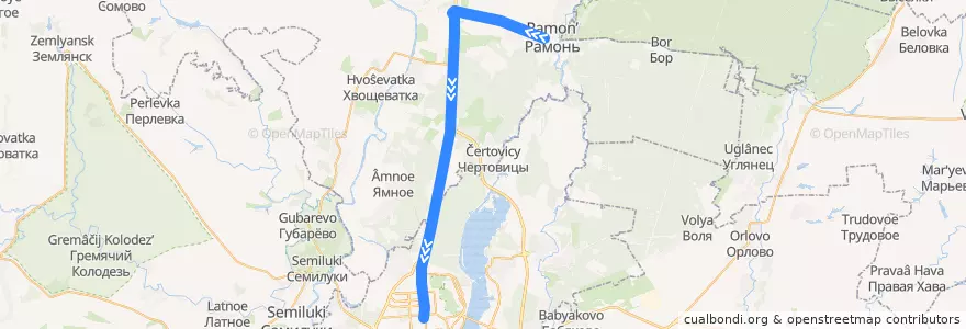 Mapa del recorrido Автобус №111: Рамонь - Воронеж de la línea  en Воронежская область.