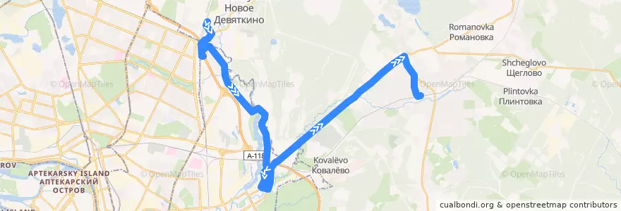 Mapa del recorrido Автобус № 622: станция метро "Девяткино" => ж/д платформа "Всеволожская" de la línea  en Oblast de Léningrad.