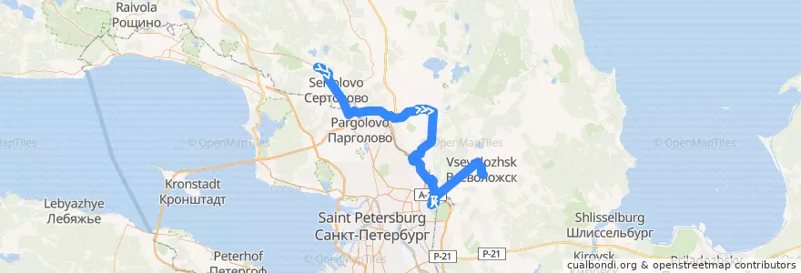 Mapa del recorrido Автобус № 625: Чёрная речка => ж/д платформа "Всеволожская" de la línea  en Oblast de Léningrad.