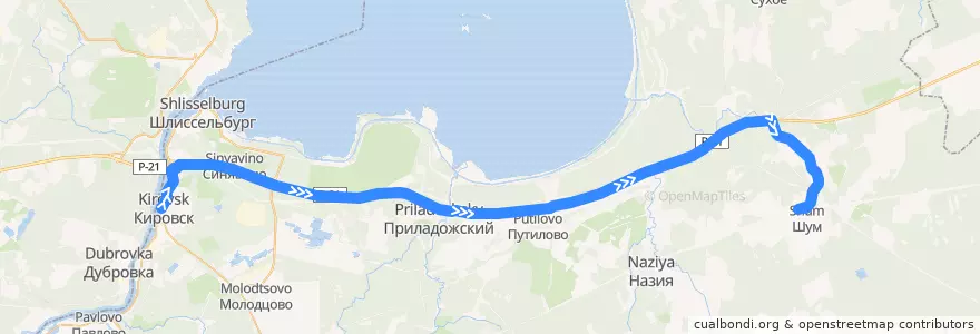 Mapa del recorrido Автобус № 593: Кировск => ж/д ст. Войбакало de la línea  en Кировский район.